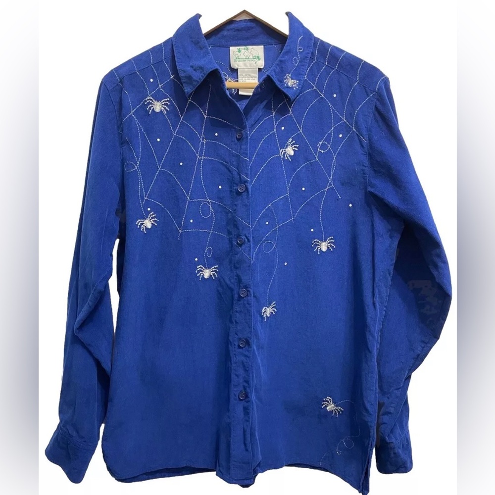 Vtg Quacker Factory Womens Corduroy Button Up Shirt Blue Spiders Web Halloween M